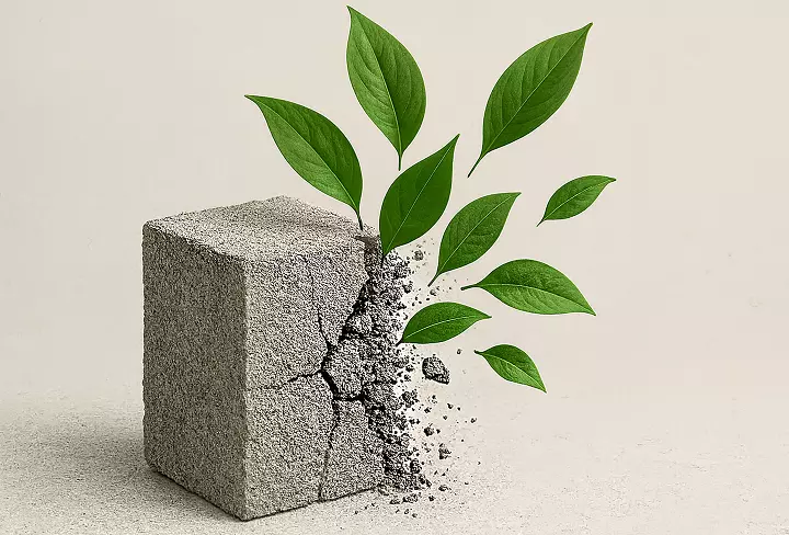 Massima sostenibilità Blocco in cemento che si frantuma con foglie verdi emergenti, simbolo di sostenibilità e trasformazione ecologica