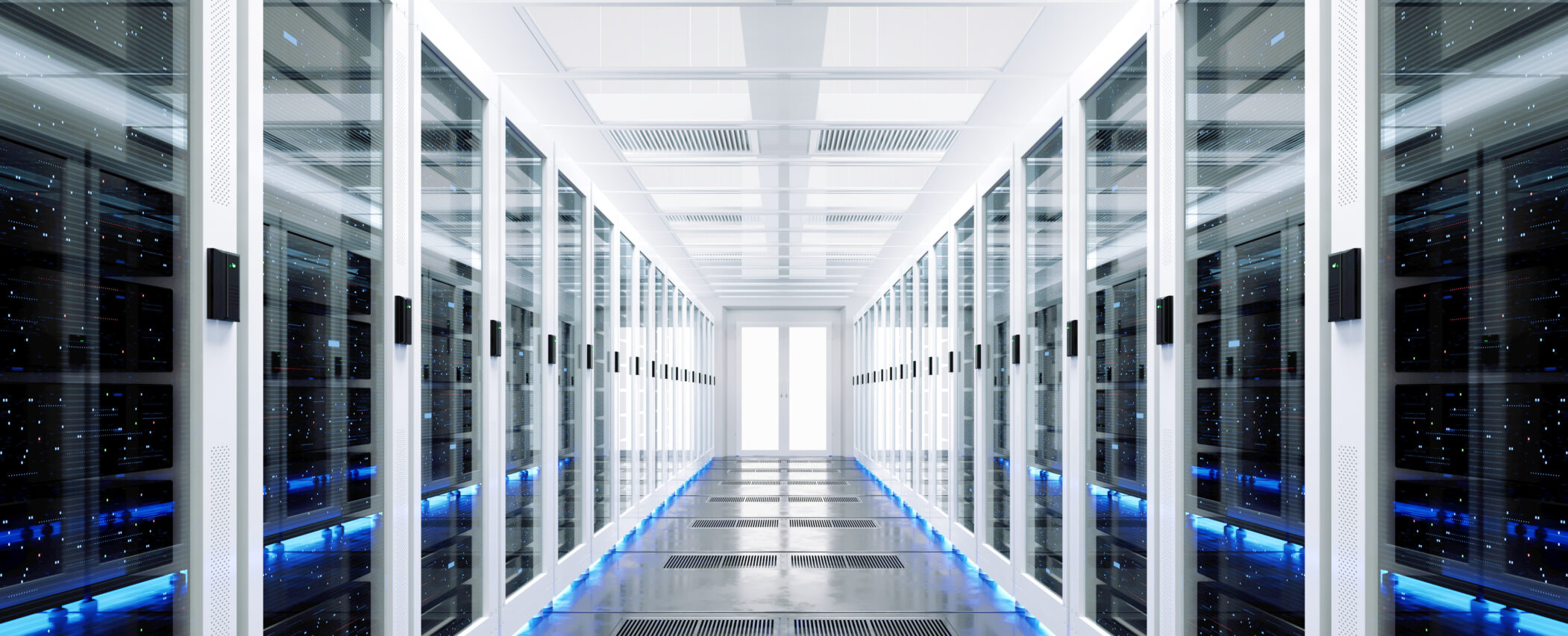 Data server rack center. Backup cloud service. 3D rendering Corridoio di data center con file di server e illuminazione moderna